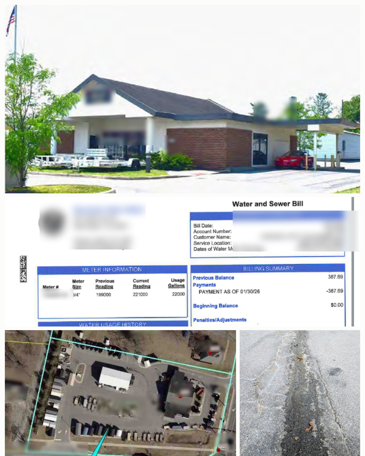 The Virginia property: the building, the water and sewer bill showing 22,000 usage gallons, an aerial of the yard with trailers and truck rows, and the seam across the asphalt.